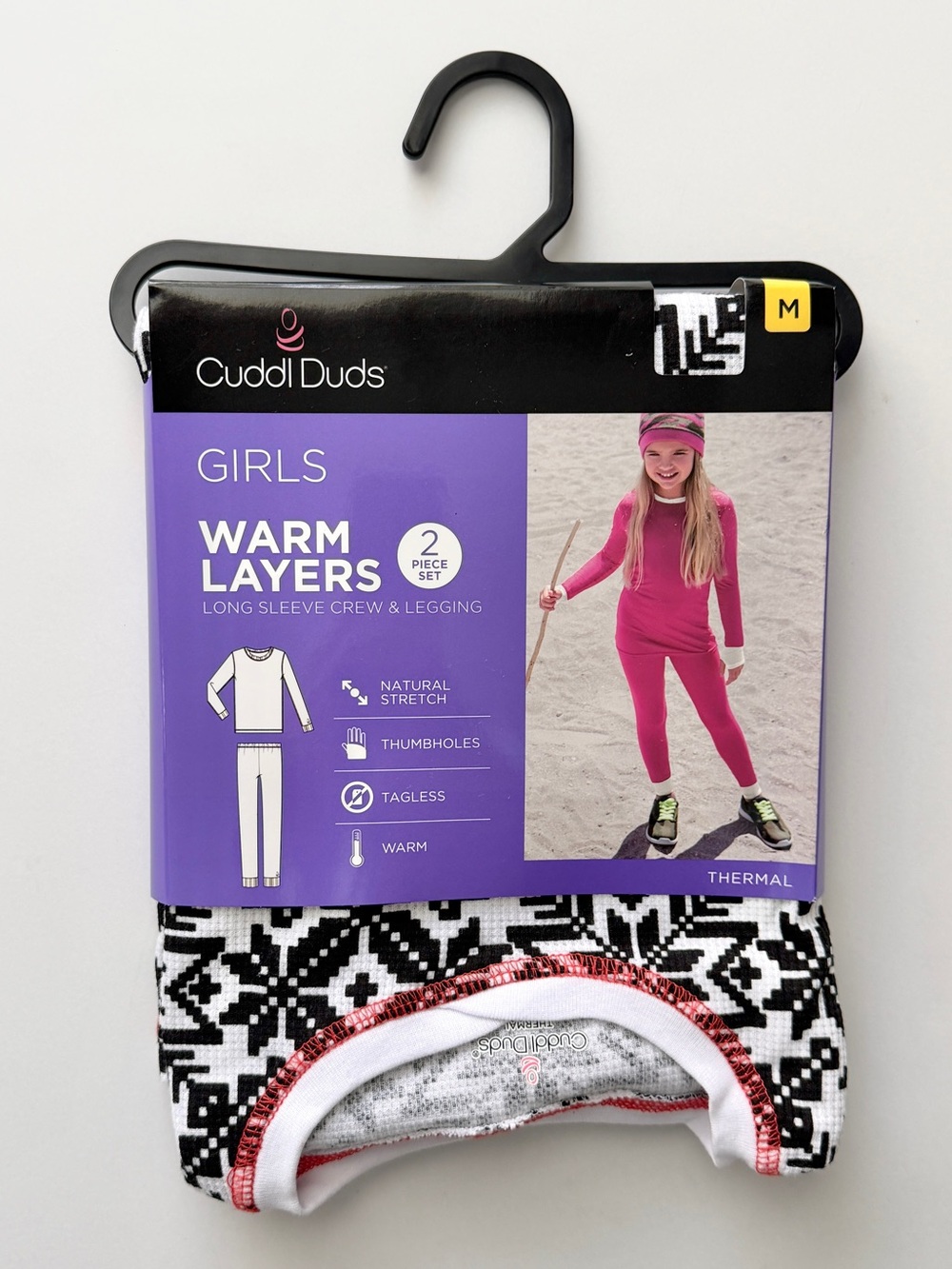 NWT Cuddl Duds Girls 2-Piece Thermal Set - Black & White Snowflake Pattern